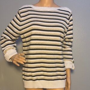 Karen Scott Boat Neck Striped Gold Black and White Women's Sweater